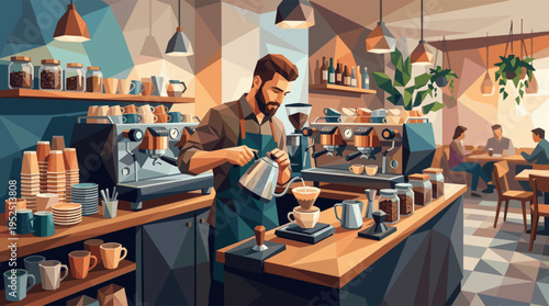 A skilled barista brews pour-over coffee in a warm, modern cafe, depicted in a stylish low-poly geometric illustration style with customers in the background.
