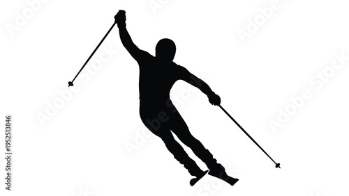 A person skiing down a slope with one arm raised