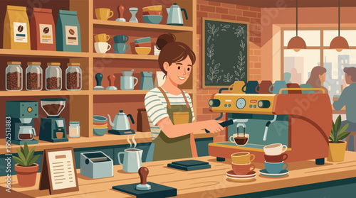 A smiling female barista in an apron is preparing a fresh espresso at the counter of a warm, inviting coffee shop illustration.