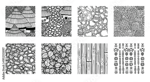 Collection of intricate black and white hand drawn pattern tiles