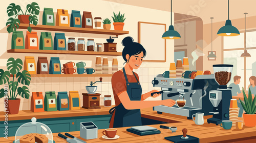 A friendly female barista in an apron smiles while preparing a fresh espresso at a bustling, cozy coffee shop counter.