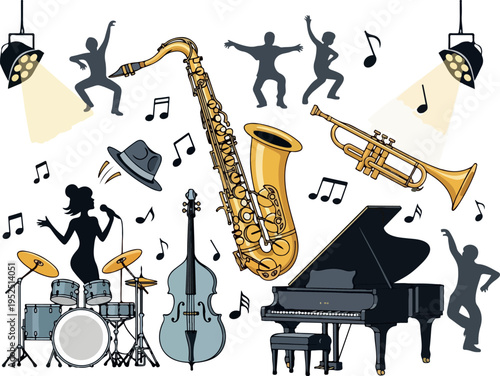 Collection of musical instruments and dancing figures illuminated by spotlights, symbolizing a vibrant musical performance and celebration