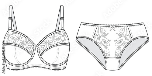 Line art illustration of a floral lace bra and matching high-waisted panties lingerie underwear