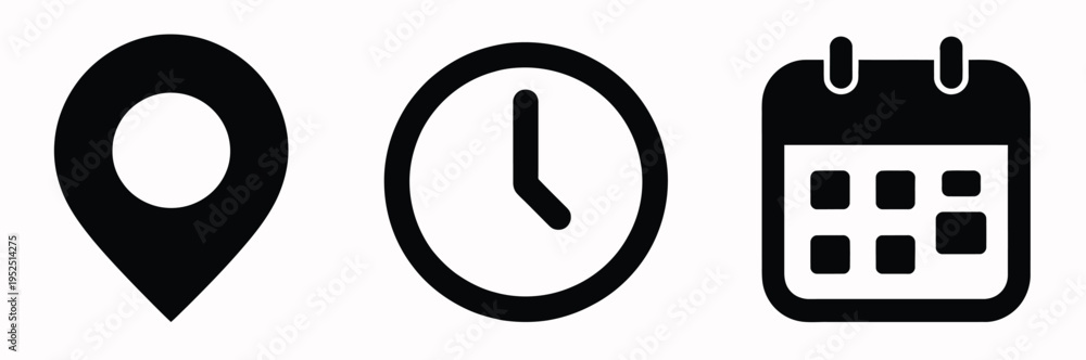 Ταπετσαρία Time address and date icon set with clock map pin and calendar symbols in flat v