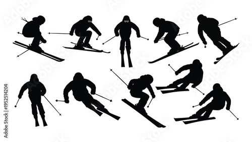 A collection of black silhouettes of skiers in various positions