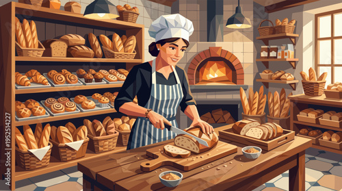 A smiling female baker in a hat and apron slices a fresh loaf of bread in a warm, cozy artisan bakery filled with pastries and a brick oven.