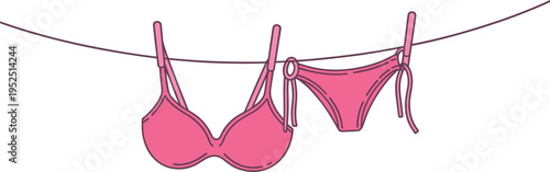 Pink bikini and bra suspended on a clothesline with purple clothespins underwear swimwear