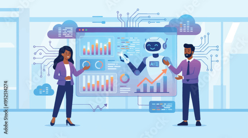 AI-powered business analytics and data visualization vector illustration with diverse professionals interacting with a robot and dashboard