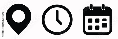 Time address and date icon set with clock map pin and calendar symbols in flat vector style