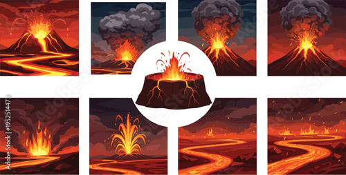 Volcano Vector Illustration Showing Eruption Lava Flow and Smoke