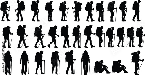 Hiker silhouettes collection, trekking backpackers walking with poles, outdoor adventure people set, mountaineering activity poses, isolated black figures, hiking lifestyle concept