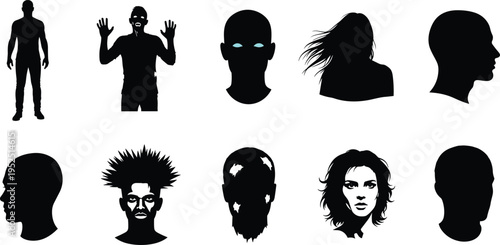 Human head and zombie silhouettes collection, male and female faces in different styles, black profile and front view figures isolated on white background set