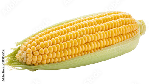 Tableau sur toile Isolated fresh ear of yellow corn partially husked with green leaves, healthy in