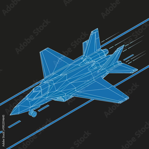 Fighter Jet Wireframe Model Flying Fast.
