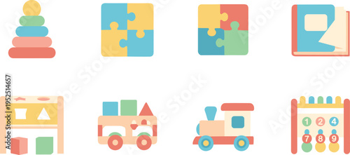 Children Educational Toy Vector Illustration Showing Stacking Ring Puzzle Book Train and Abacus