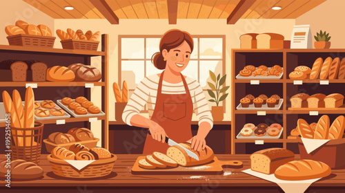 A friendly female baker with an apron smiles while slicing a fresh loaf of bread on a wooden counter in a warm, cozy bakery illustration.
