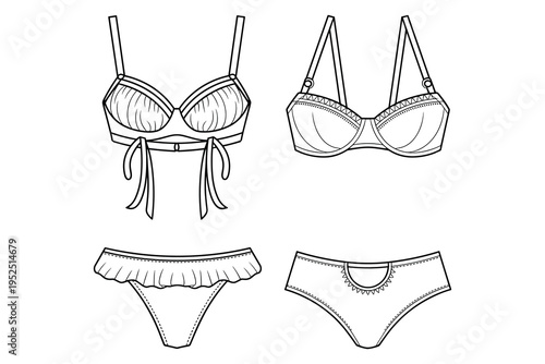 Technical fashion sketches of lingerie sets with detailed bra and panty designs and decorative elements Keywords: lingerie, bra