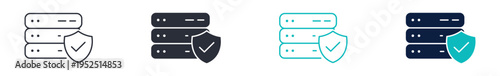 Database security icons, server with shield check symbol, data protection and secure storage icon in line and silhouette style, vector illustration