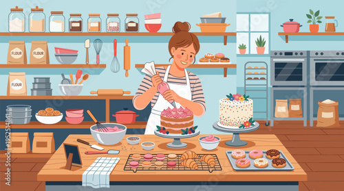 A smiling female pastry chef meticulously decorates a layer cake with pink frosting in a charming, well-stocked commercial bakery or kitchen.