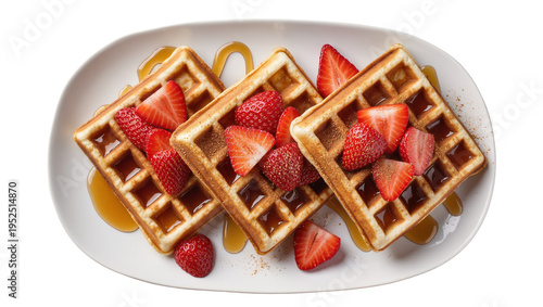 Photography Isolated plate of golden waffles with fresh strawberries and sweet maple syrup