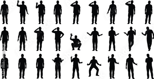 man silhouettes collection standing gestures poses set isolated on white background human figure illustration male body language communication concept