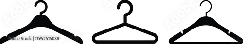 Three black silhouette icons of clothing hangers with varying shapes on a white background clothes hanger