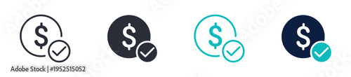 Payment approved icons, dollar with check mark symbol, successful transaction and financial approval icon in line and silhouette style, vector illustration