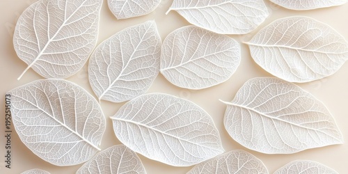 Elegant Arrangement of Translucent White Leaves with Delicate Veins on Soft Beige Background Design