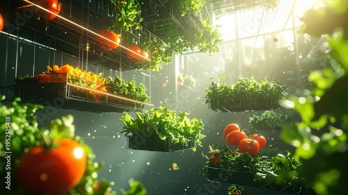 Futuristic indoor farm with floating crops, bathed in sunlight