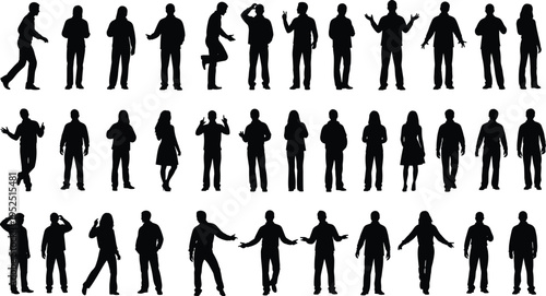 people silhouettes collection standing men and women various poses gestures set isolated on white background human figures illustration for design concept