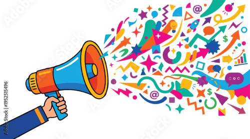 Vibrant blue and orange megaphone held by a hand, broadcasting a colorful burst of marketing and communication icons and abstract shapes, ideal for digital promotion and announcement designs.
