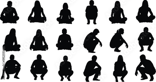 People sitting and squatting silhouettes collection, men and women in various poses, black human figures isolated on white background, everyday lifestyle concept set