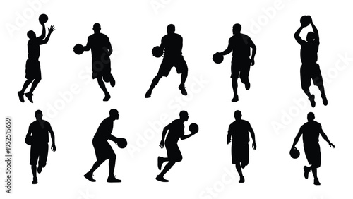 A set of black silhouette illustrations of men playing basketball