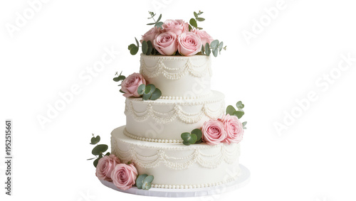 Isolated elegant three tier wedding cake with pink roses and eucalyptus leaves decoration