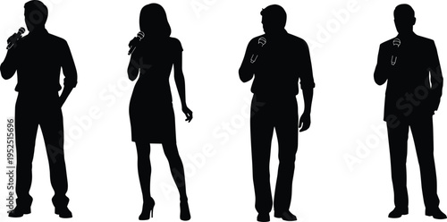 People speaking with microphone silhouettes collection, men and woman presenting or singing poses, black human figures isolated on white background, communication concept set