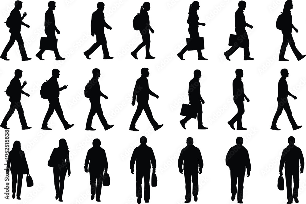 Fototapeta premium people walking silhouettes collection men and women carrying bags commuting poses set isolated on white background urban lifestyle illustration human activity concept