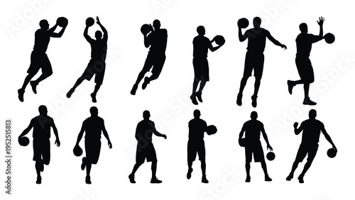 A group of basketball players in various poses