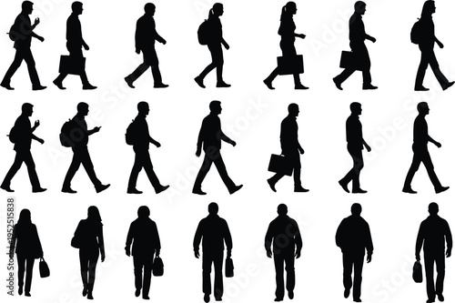 people walking silhouettes collection men and women carrying bags commuting poses set isolated on white background urban lifestyle illustration human activity concept