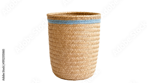 Φωτογραφία Isolated handmade woven straw basket with pale blue band, traditional storage co