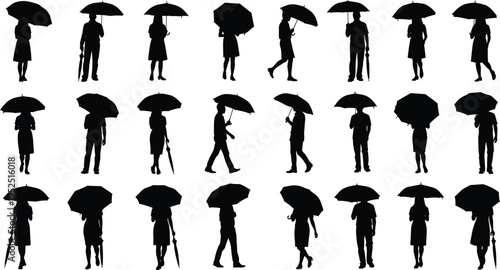 people with umbrellas silhouettes collection walking standing rainy weather poses set isolated on white background urban lifestyle rain illustration human activity concept