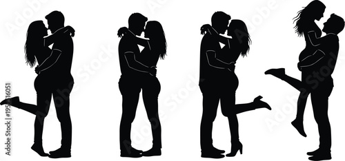 Romantic couple silhouettes collection, man and woman hugging and kissing poses, black love figures isolated on white background, relationship and romance concept set