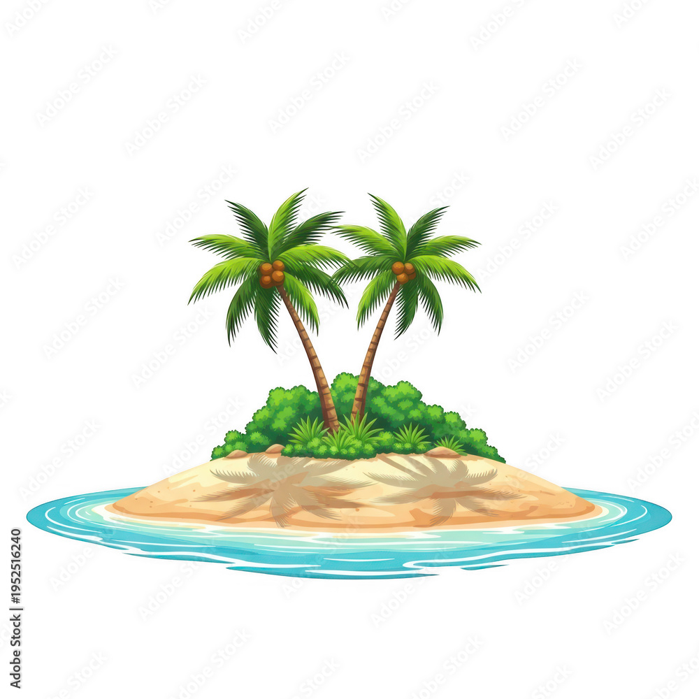 Obraz premium Tropical island paradise with two palm trees and sandy beach