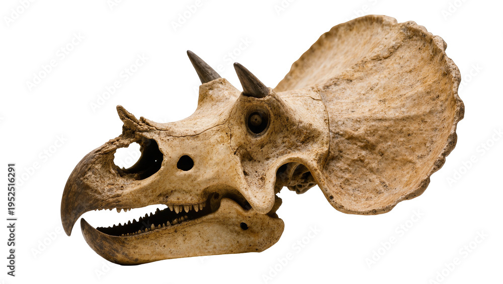 Fototapeta premium Isolated detailed ancient fossilized skull of a powerful Triceratops dinosaur species