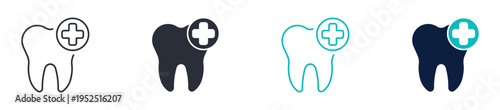 Dental care icons, tooth with medical cross symbol, dentistry and oral health icon in line and silhouette style, vector illustration