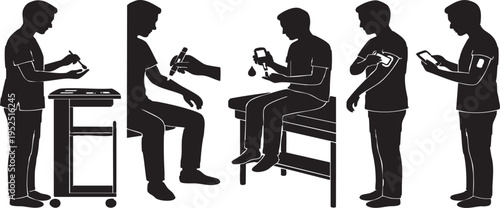 Diabetic Glucose Monitoring Vector Silhouette Set Blood Sugar Testing and CGM Technology Icons