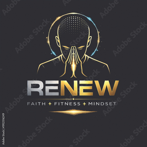 Renew Faith Fitness Mindset Logo with Prayer Pose Human Head Line Art and Gold Gradient Typography