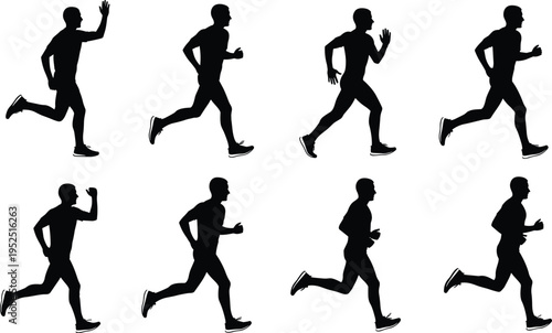 Running man silhouettes collection, male athlete jogging in different poses, black human figures isolated on white background, fitness cardio activity concept set