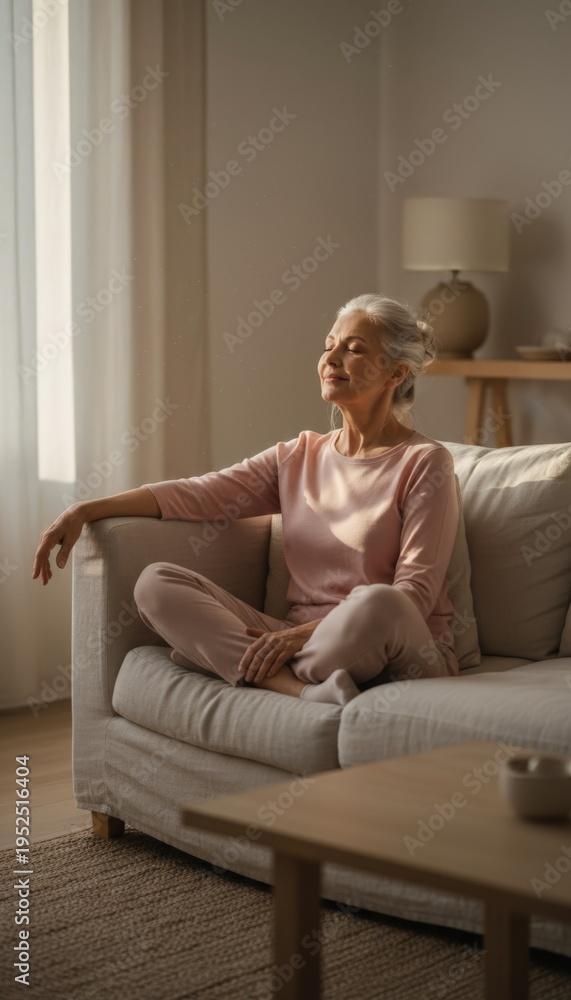 Fototapeta premium Senior Female Quietly Pondering Near Window, Mature Lady Seated Contemplating In Calm Evening Setting, Elderly Woman With Crossed Legs Gazing Thoughtfully Out Peaceful Window Scene