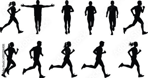 Running people silhouettes collection, men and women jogging in different poses, black athlete figures isolated on white background, fitness cardio lifestyle concept set
