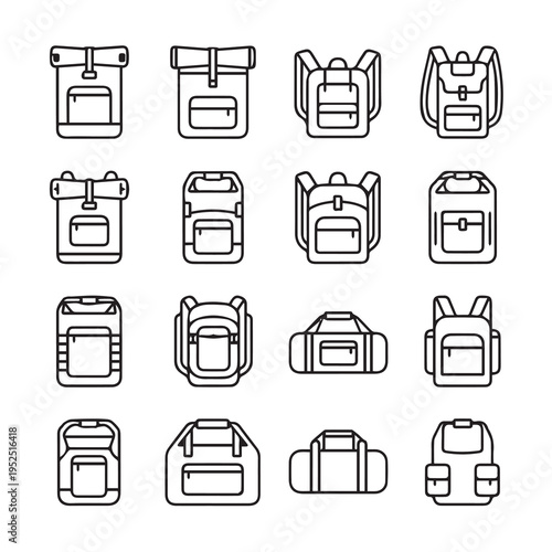 Collection of Backpack and Duffle Bag Icons Line Art Travel Gear Symbols Vector Set
